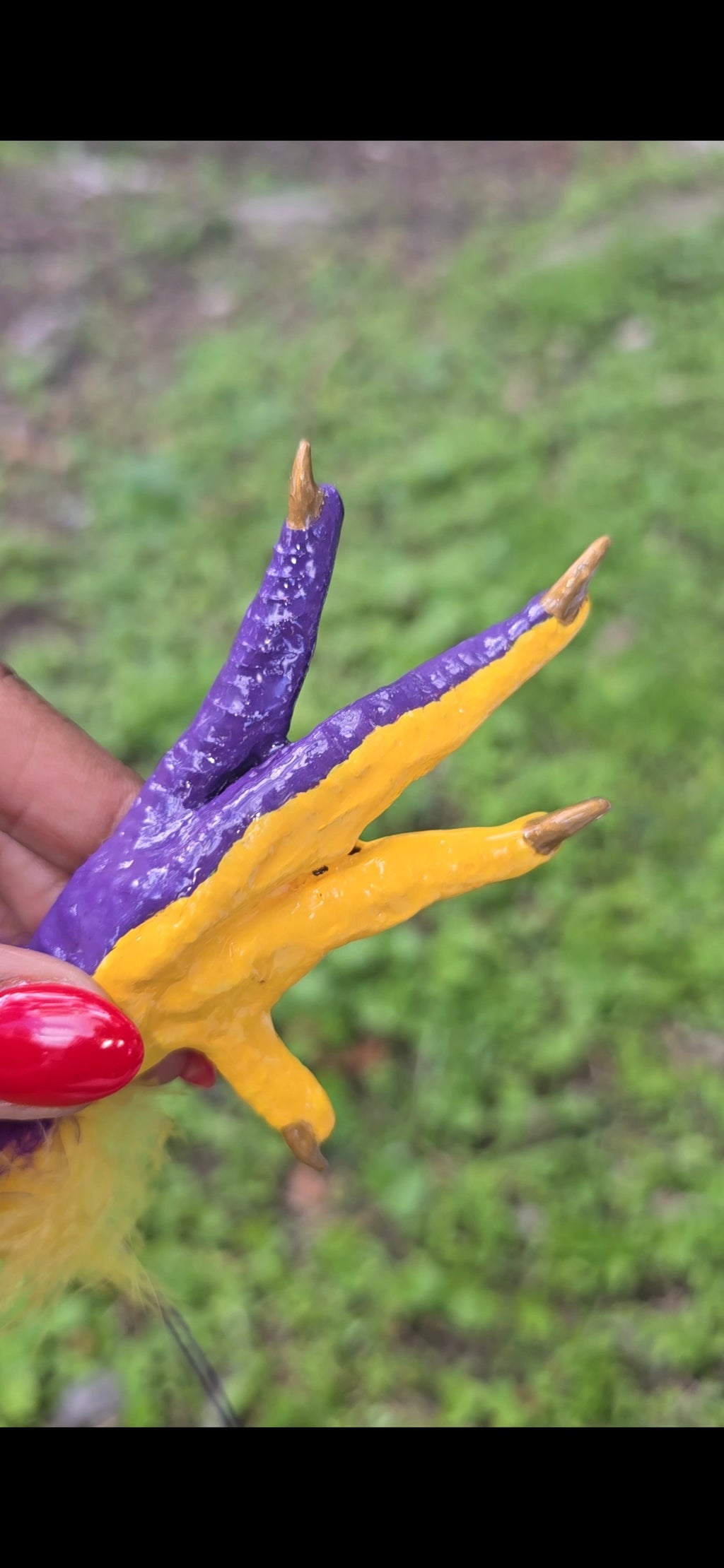 Mardi Gras Themed Chicken Foot Necklace (Yellow and Purple)
