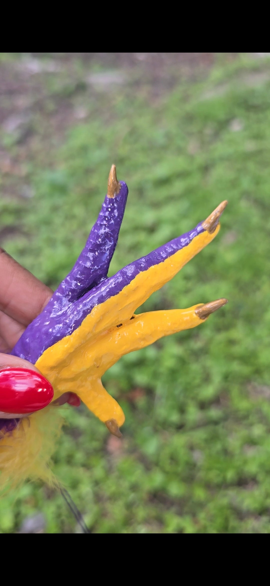 Mardi Gras Themed Chicken Foot Necklace (Yellow and Purple)